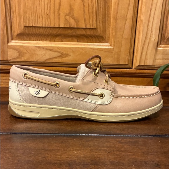 New Size 8 Sperry Boat Shoes Top Sider Leather and Fabric Tan & Glitter (ABBA) - Picture 6 of 16